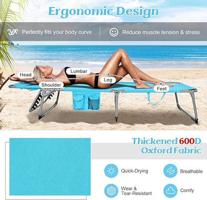 GYMAX Tanning Chair, Folding Lounger with Face/Arm Holes, Carry Handles & Side Pocket, Portable Lightweight Layout Beach Chair for Outdoor/Indoor, Face Down Sun Lounger (2, Arctic Blue)