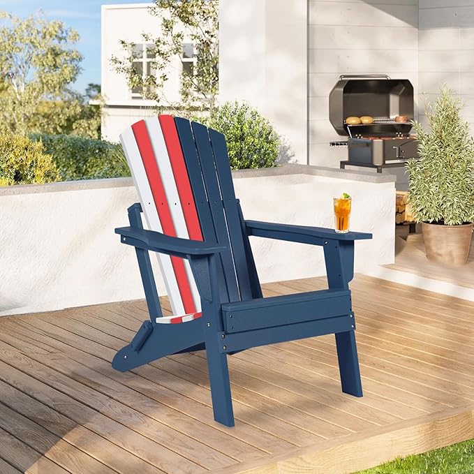 Aoodor Folding Adirondack Chair HDPE Outdoor All-Weather Chair for Patio, Garden, Backyard, Lawn, Fire Pit, Red&White&Blue