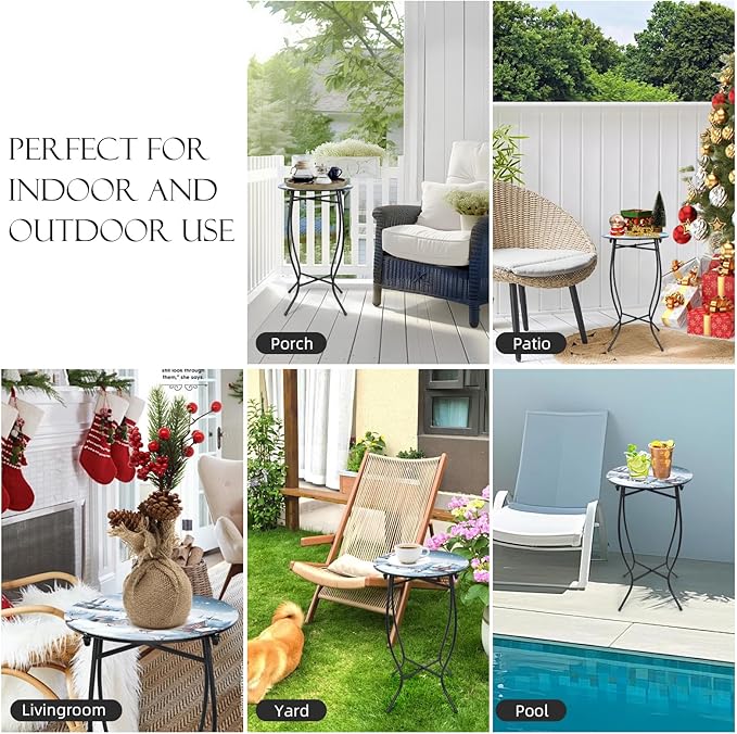 21" H Metal Side Table, Unique Christmas Tabletop with Metal Frame, Round End Bedside Table Accent Table for Bedroom Patio Yard Porch Balcony Garden