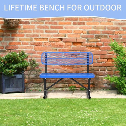 4 Ft Metal Park Bench for Outside, All-Weather Thermoplastic Coating Outdoor Bench with Backrest, Commercial Heavy Duty Benches for Shopping Malls, Stores, Parks, Patios, Decks, Blue