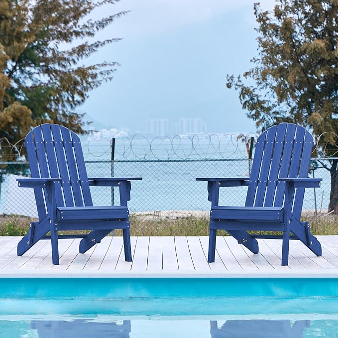 Yaheetech Folding Adirondack Chair Set of 4 Outdoor, 300LBS Solid Wood Garden Chair Weather Resistant, Fire Pit Lounge Chairs for Garden/Yard/Patio/Lawn, Blue