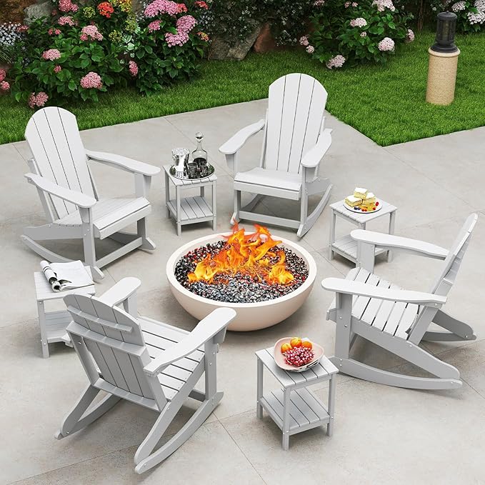 IVY&LANE Adirondack Rocking Chair | Porch-Rocker | HDPE Plastic | Weatherproof | White | for Outdoor Patio Deck Backyard