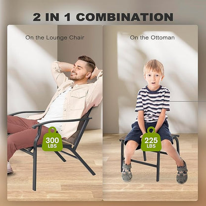NUU GARDEN Set of 2 Patio Chaise Lounges Chair, Recliner Chairs with Ottoman, All-Weather Textilene Chaise Lounge with Metal Frame, Outdoor Lounge Chairs for Backyard, Garden, Deck, Brown