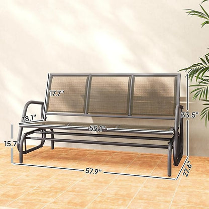 Outsunny 3-Person Patio Glider Bench, Outdoor Porch Glider Swing with 3 Seats, Breathable Mesh Fabric, Metal Frame, Light Mixed Brown