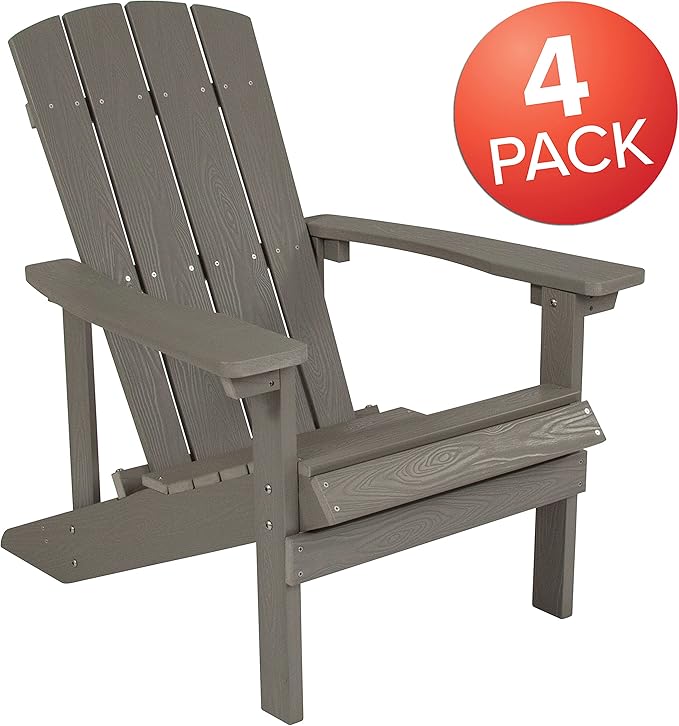 Flash Furniture Charlestown Poly Resin Adirondack Chair - Gray - All Weather - Indoor/Outdoor - Set of 4 - Photo 4