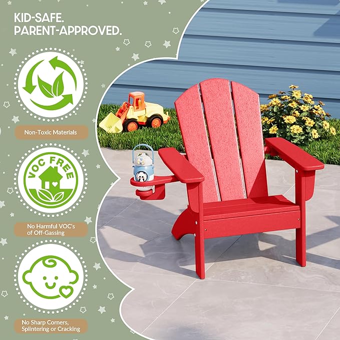 WestinTrends Malibu 3-Piece Kids HDPE Adirondack Chairs Set with Square Side Table and Cup Holders, Red