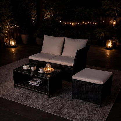 GIANGSUNNY 4 Patio Furniture Set with Storage, Outdoor Sectional Wicker Rattan Conversation Set with Loveseat & Glass Coffee Table, All-Weather Patio Seating (Black, 4Pcs Set with Storage)