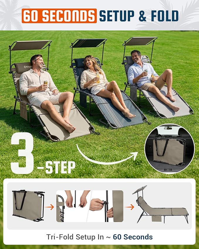 KingCamp Lounge Chair with face Hole & Canopy Shade, 400LBS Folding Portable Tanning Chair with face Hole, Adjustable 5-Position Foldable Beach Sun Tanning Chair for Outside Beach Patio Outdoor Pool