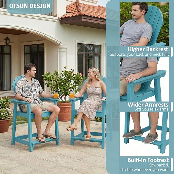 OTSUN Tall Adirondack Chairs Set of 2, HDPE Bar Height Outdoor Chairs, Adirondack Bar Stools for Patio Balcony & Porch - Photo 5