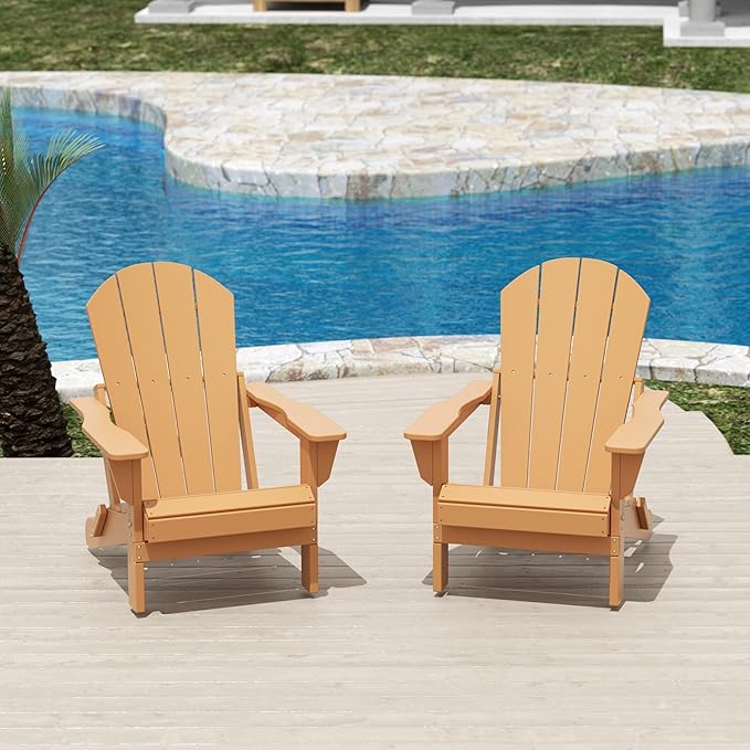 Costaelm Folding Patio Chairs Set of 2, Hdpe Adirondack Chairs Front Porch Furniture Outdoor Seating, All Weather Tanning Chair for Backyard Firepit Garden Lawn, Teak