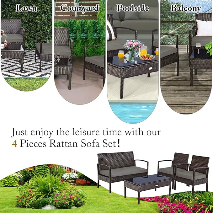 COSTWAY Outdoor Patio Furniture Set 4 Pieces, Wicker Conversation Set with Tempered Glass Topped Table, Seat Cushions, Rattan Chair Wicker Sofa for Backyard Balcony Porch Poolside