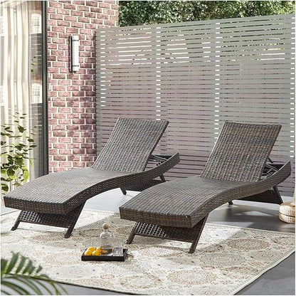 79'' Long Reclining Chair Set of 2, Chaise Lounge Wicker Reclining Lounge Chair, PE Rattan Chaise Lawn Sunbathing Chairs Beach Poolside Garden Backyard Backrest Recliners, Mixed Brown