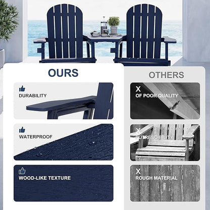 Vongrasig Adirondack Chairs Set of 2 with Removable Tabletop, All-Weather HDPE Outdoor Chair Set with Wooden Textured, Cup Holder for Patio, Poolside, Deck, Garden, Dark Blue