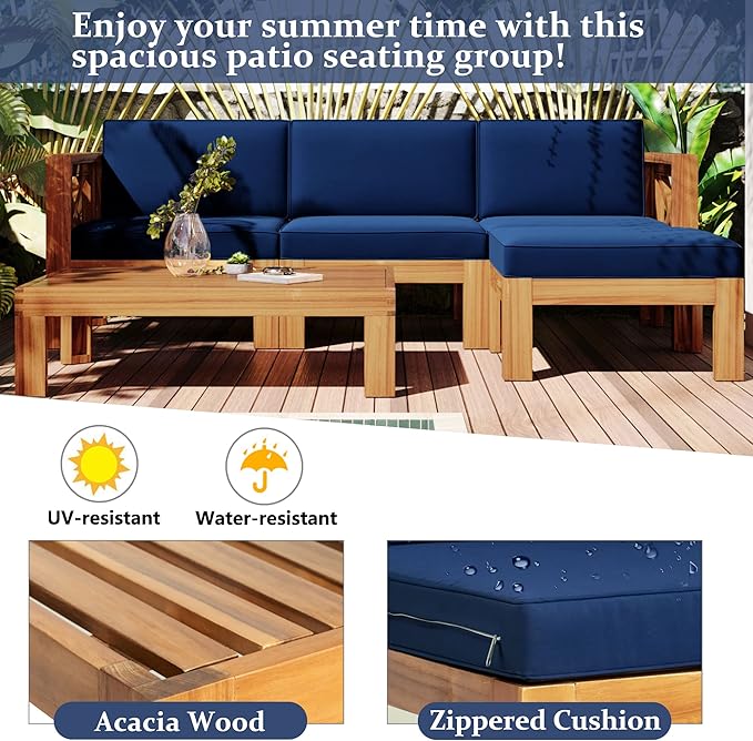 Outdoor Backyard Patio Wood 5-Piece Sectional Sofa Seating Group Set with Cushions, Natural Finish+ Blue Cushions - Photo 7