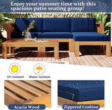 Outdoor Backyard Patio Wood 5-Piece Sectional Sofa Seating Group Set with Cushions, Natural Finish+ Blue Cushions - Photo 7