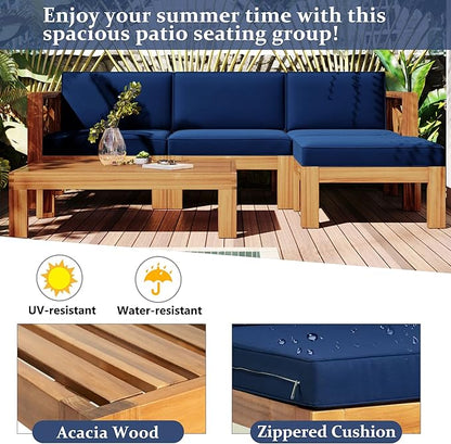 Outdoor Backyard Patio Wood 5-Piece Sectional Sofa Seating Group Set with Cushions, Natural Finish+ Blue Cushions