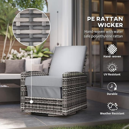 Outsunny Outdoor Wicker Swivel Recliner Chair, Reclining Backrest, Lifting Footrest, 360° Rotating Basic, Water Resistant Cushions for Patio, Gray