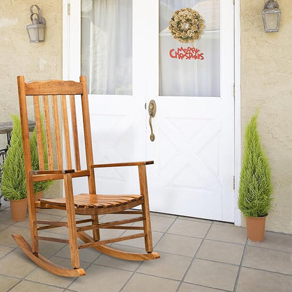 Outdoor Wooden Rocking Chair for Poolside & Porch, Sturdy Construction Patio Chairs with 20.8" Wide Seat & Arm Rest, Perfect for Relaxing Balcony Backyard Easy Assembly, Wood Color