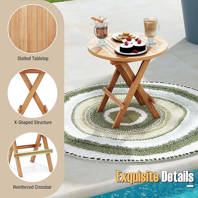 Tangkula Patio Folding Side Table, Teak Wood Round Coffee Table w/X-Shaped Legs & Slatted Tabletop, Portable & Compact Outdoor End Table for Backyard, Deck, Lawn