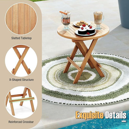 Tangkula Patio Folding Side Table, Teak Wood Round Coffee Table w/X-Shaped Legs & Slatted Tabletop, Portable & Compact Outdoor End Table for Backyard, Deck, Lawn