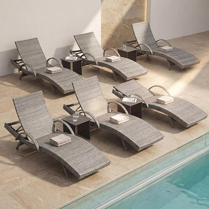 Set of 6 Gray Outdoor Chaise Lounge Chairs, Wicker Patio Lounge Chairs with Adjustable Backrest and Armrests, Durable PE Rattan Pool Chair for Patio, Poolside and Garden