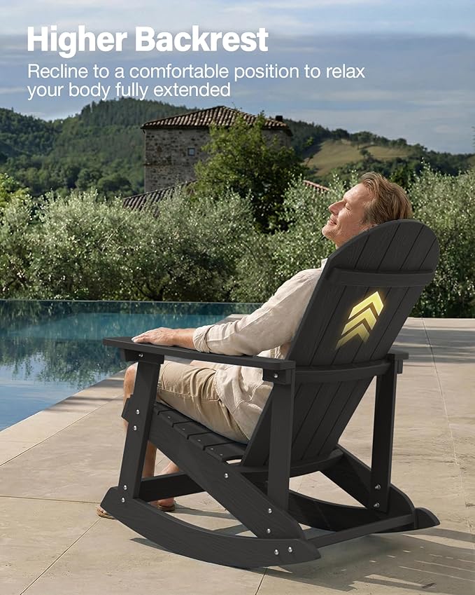 YEFU Outdoor Rocking Chair Set of 4,Adirondack Rocking Chair,Patio Rocker Chair with Wide Back,Oversized Rocker Chair Look Like Real Wood, for Lawn, Porch, Backyard, Indoor and Garden(Black)
