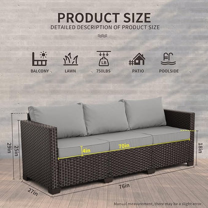 WAROOM Patio Couch PE Rattan 3-Seat Outdoor Sofa Brown Wicker Furniture Set Deep Seating with Anti-Slip Grey Cushion