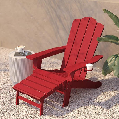 Flash Furniture Halifax Poly Resin Adirondack Chair with Cup Holder and Pull Out Ottoman, All-Weather Poly Resin Indoor/Outdoor Lounge Chair, Red