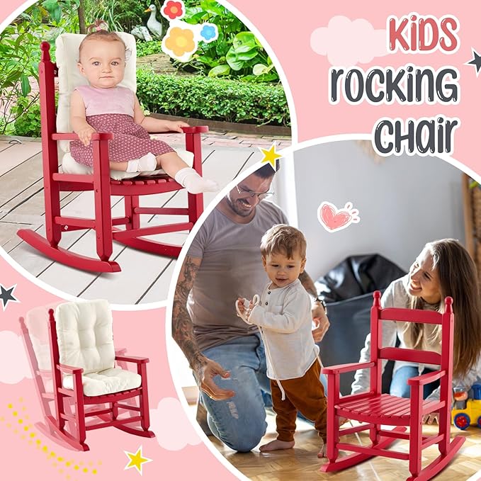 Kids Rocking Chair Cushion Pad Set Toddler Rocking Chair Indoor Outdoor Wooden Rocker Child Patio Rocker for Porch Balcony Lawn Indoor Outdoor(Red,Ages 2-5)