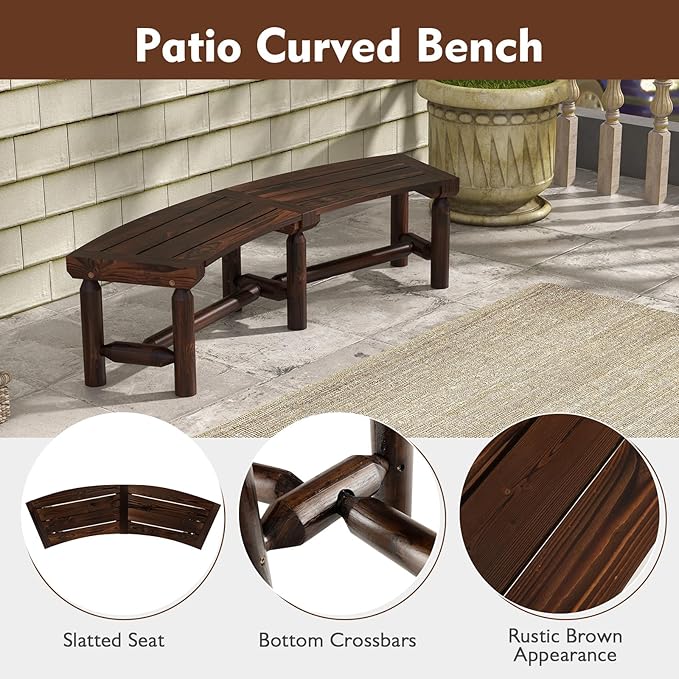 Moccha Outdoor Curved Bench, Carbonized Wood Fire Pit Bench with Slatted Seat, Loveseat, Rustic Wood Outside Chair, Patio Backless 2-Person Seating for Yard Deck Porch, 710 LBS Max Load (4)