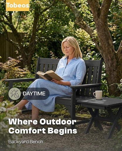 2-Person Outdoor Garden Bench, HDPE All-Weather Patio Bench with Backrest & Armrests, Heavy Duty Outdoor Seating for Porch, Backyard & Park, 660 lbs (Black, 1 Bench)