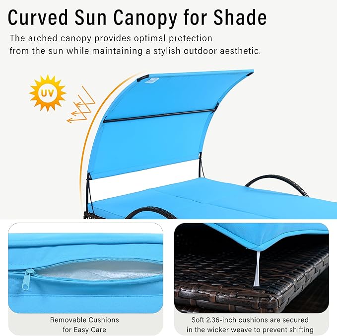 Outdoor Double Chaise Lounge with Adjustable Backrest and Sun Canopy - Photo 4