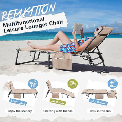 Greesum Chaise Lounge Folding Tanning Chair with 5 Position Adjustable Back, Detachable Pillow & Pocket for Outside Pool, Beach, Sunbathing, Beige w/Face Hole