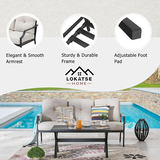 LOKATSE HOME Outdoor Patio Cushioned Loveseat 3 Seats Sofa Bench with Metal Coffee Table, Beige