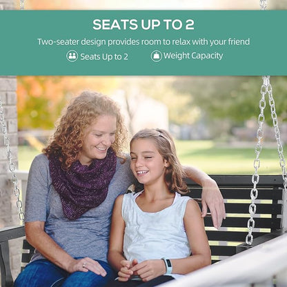 Outsunny Porch Swing with Chains and Cupholders, 2 Person Wooden Patio Swing Chair, 440 lbs. Weight Capacity, for Garden, Poolside, Backyard, Black