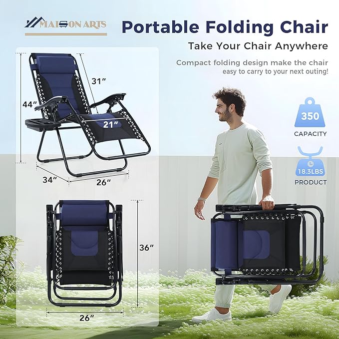MAISON ARTS Padded Zero Gravity Lawn Chairs Set of 2 Foldable Patio Recliners Anti Gravity Lounge Chairs w/Pillow & Cup Holder Outdoor Camp Chairs for Poolside Backyard Beach, Blue
