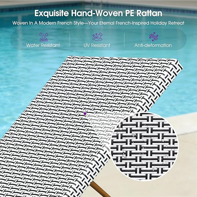 PURPLE LEAF Extra Large Patio Chaise Lounge 2 Pieces French Outdoor Wicker Lounger Matte Teak Aluminum Frame 771LBS Capacity PE Rattan Adjustable Backrest for Pool Garden Beach Backyard White