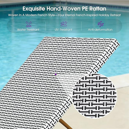 PURPLE LEAF Extra Large Patio Chaise Lounge 2 Pieces French Outdoor Wicker Lounger Matte Teak Aluminum Frame 771LBS Capacity PE Rattan Adjustable Backrest for Pool Garden Beach Backyard White