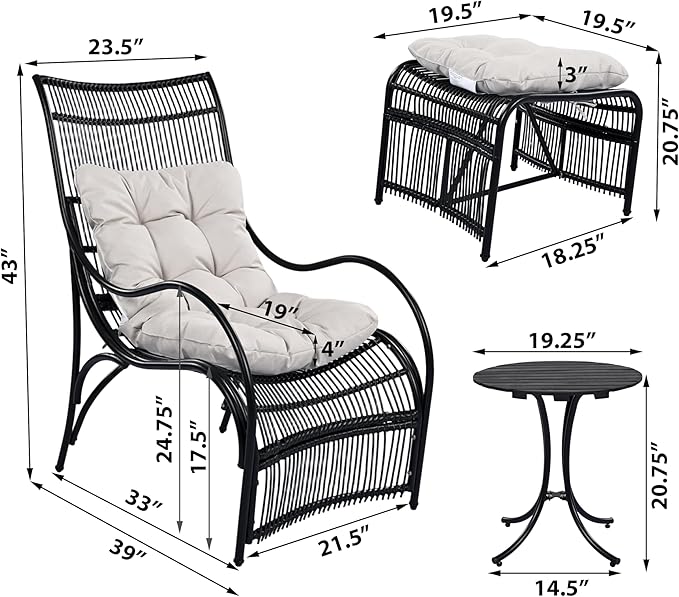 Christopher Knight Home Hanley Patio Wicker Lounge Chair with Ottoman Footrest+Coffee Table, 3-Piece Outdoor Furniture Set for Porch/Balcony/Deck/Backyard, Metal Frame and Soft Cushions, Beige+Black