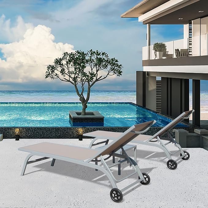 Domi Chaise Lounge Outdoor Set of 2, Lounge Chairs for Outside with Wheals, Outdoor Chaise Lounge with 5 Adjustable Position, Pool Lounge Chairs for Patio, Beach, Yard, Deck, Poolside, Khaki