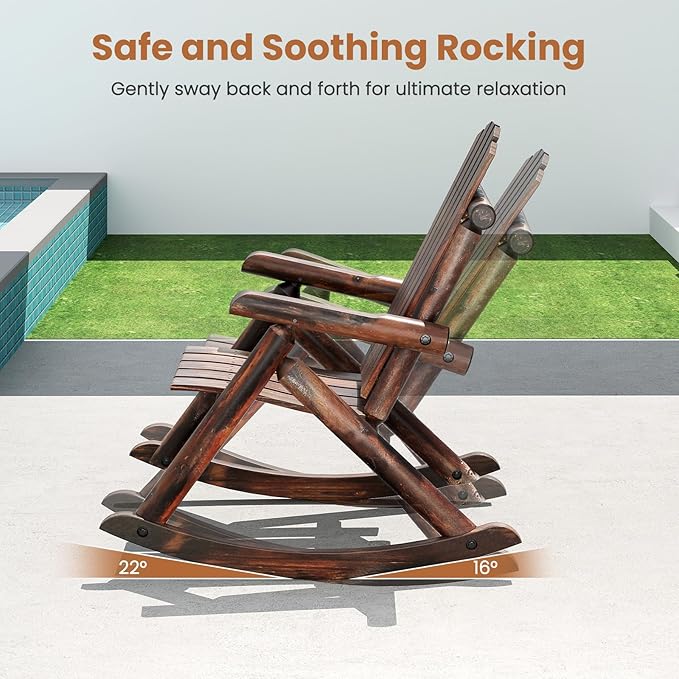 Giantex 2 Pcs Outdoor Wooden Rocking Chair, Adirondack Porch Rocker with High Back and Wide Seat, Rustic Log Patio Chair for Front Porch Backyard Garden Balcony Deck, Brown (27”x36”x 38”)