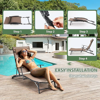 Nice C Patio Chaise Lounge with Wheel, Outdoor Lounge with Armrest for Pool, 5 Reclining Positions, with Rolling Wheel for Poolside, Beach, Backyard, Patio (Set of 2, Beige)