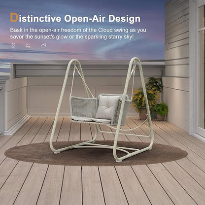 PURPLE LEAF Cloud Swing Chair with Stand and 12 White LED Lights Patio Wicker Hanging Swinging for Indoor Backyard Garden Outdoor Hammock Porch Swing, Cushion and Pillows Included, Cream