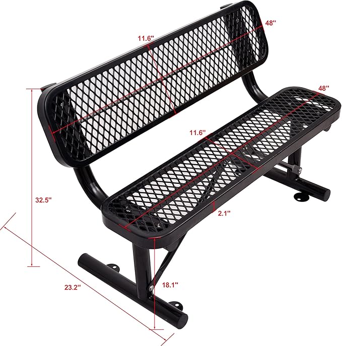 Heavy Duty Metal Park Bench for Outside, Outdoor Garden Benches with Backrest & Portable Frame, Expanded Metal Mesh Bench for Shopping Malls, Lawn, Park, Deck, Patio, Porch (Black, 4FT/48INCH)
