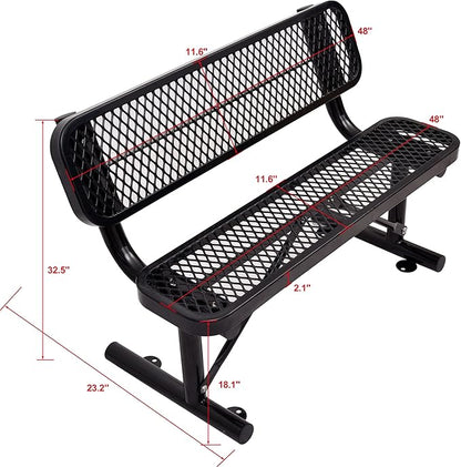 Heavy Duty Metal Park Bench for Outside, Outdoor Garden Benches with Backrest & Portable Frame, Expanded Metal Mesh Bench for Shopping Malls, Lawn, Park, Deck, Patio, Porch (Black, 4FT/48INCH)