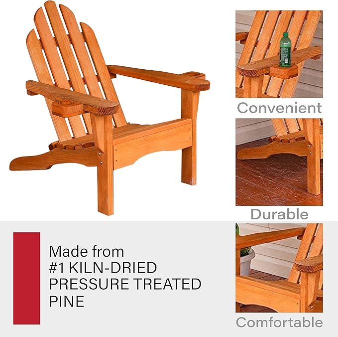 Amish Casual Heavy Duty Adirondack Chair with Cup Holders in Cedar Stain - Authentic Amish Craftmanship from Treated Pine, Outdoor Chair Made in The USA, 800 Lb Weight Capacity