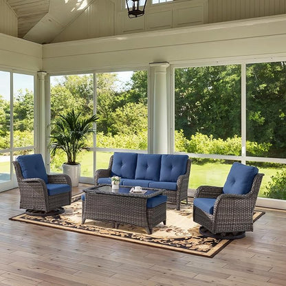 Belord Wicker Outdoor Furniture Patio Furniture Set - 6 Piece Patio Conversation Set with Swivel Rocker Chairs, Rattan Sofa, Ottomans and Coffee Table, Blue Cushion