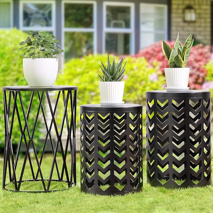 Y&M Set of 3 Black End Tables, Nesting Metal Round Coffee Table, Heavy Duty Meta Plant Stand Decorative Garden Stool - Photo 1