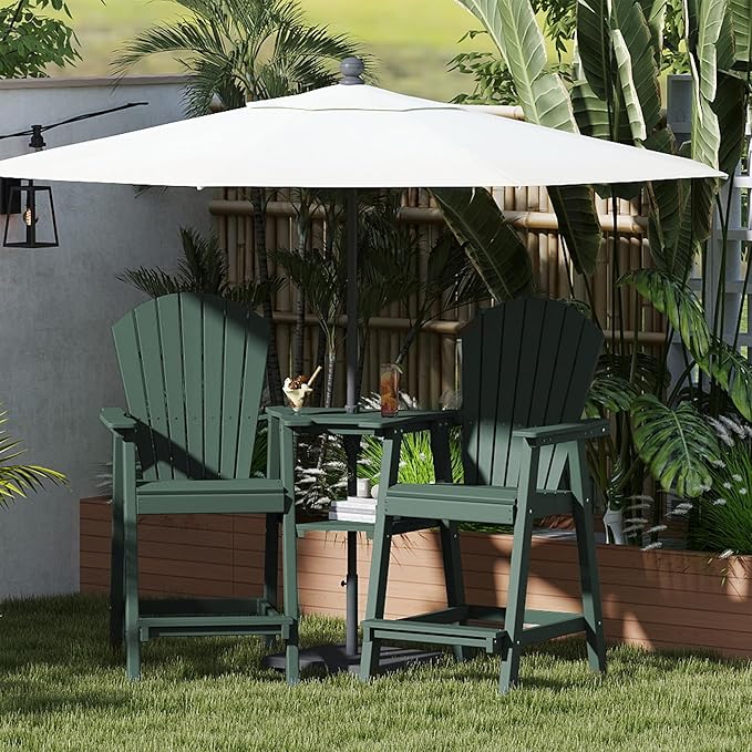 FOOWIN Tall Adirondack Chair Set of 2, All Weather HDPE Bar Height Adirondack Chair with Double Connecting Trays, Adirondack Barstools for Balcony, Deck, Backyard, Patio, Garden Dark Green