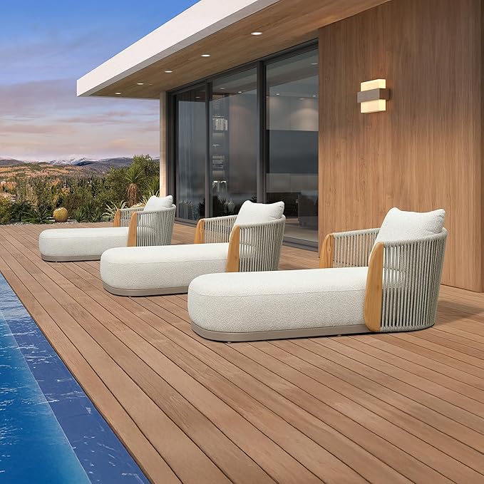 PURPLE LEAF Olefin Patio Chaise Lounge Chair Outdoor Set of 3, Upholstered Pool Lounge Chairs for Outdoor with Teak Armresfor Deck, Pool, Lawn, Garden, Courtyard, Porch, Khaki